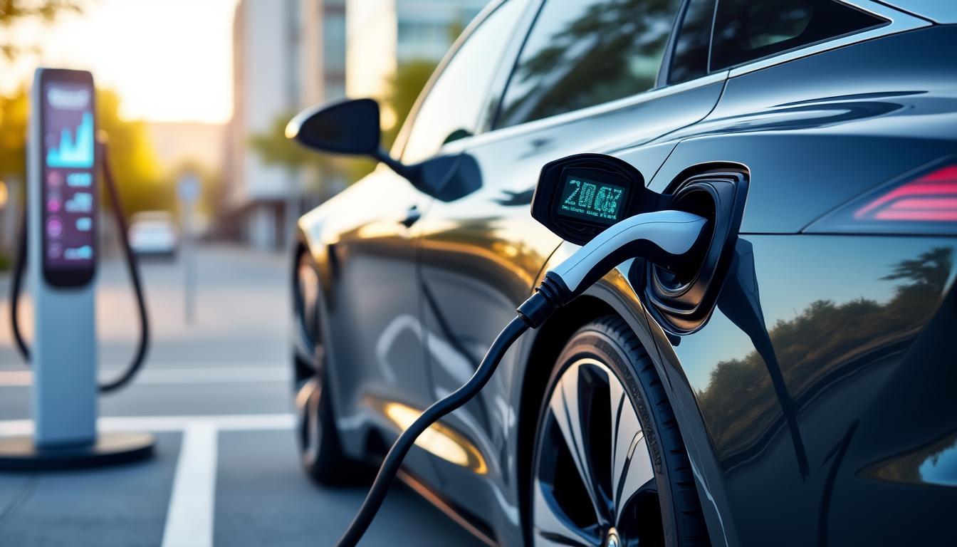 Gros plan sur câble de recharge branché dans la prise d'une voiture électrique avec affichage digital