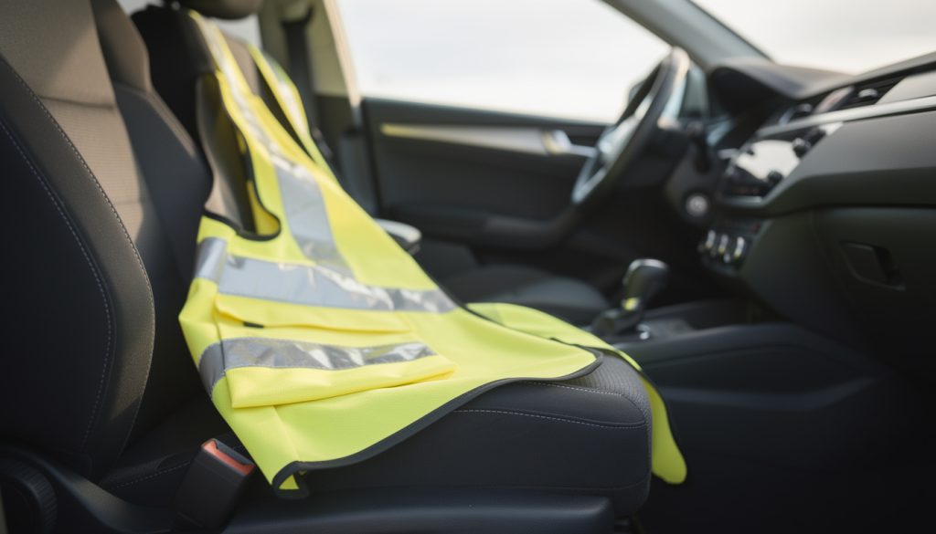 Gilet jaune de sécurité posé sur le siège passager d'une voiture accessible en cas d'urgence