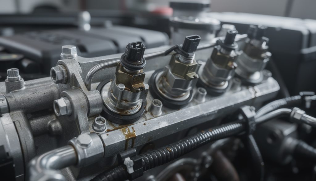 Gros plan sur les injecteurs et la rampe d'injection d'un moteur de voiture avec traces d'huile