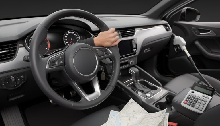 Intérieur de voiture avec volant, calculatrice et carte routière pour estimer le coût d'un trajet