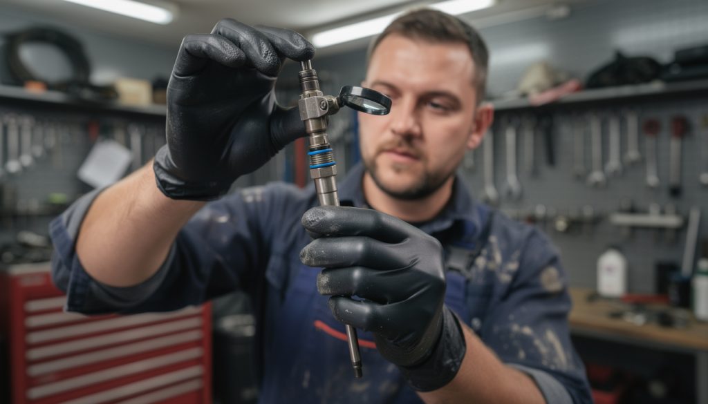 Mécanicien avec gants noirs qui inspecte un injecteur diesel à la loupe dans un atelier