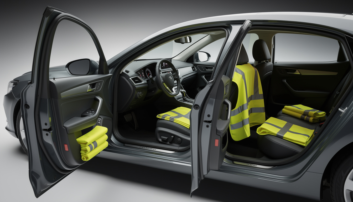 Plusieurs gilets jaunes réfléchissants disposés dans l'habitacle d'une voiture portes ouvertes pour la sécurité routière