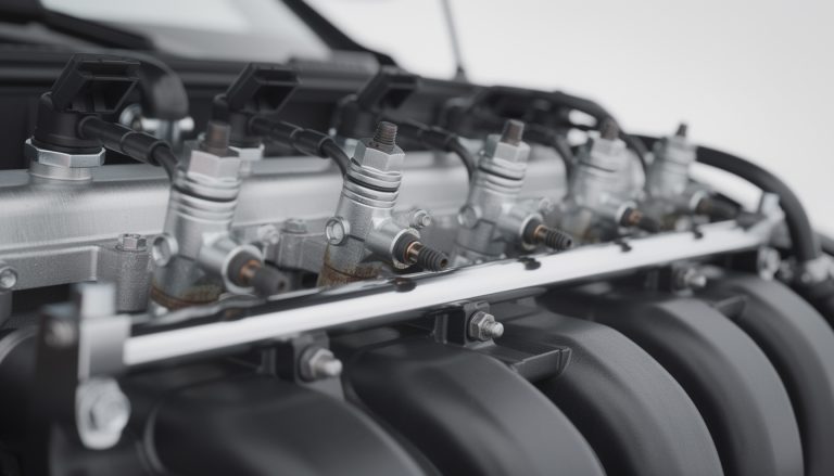 Rampe d'injecteurs sur un moteur 4 cylindres avec collecteur d'admission et câblage électrique