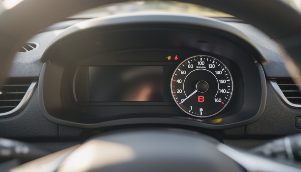 Tableau de bord de voiture essence avec voyant de carburant allumé et compteur de vitesse visible