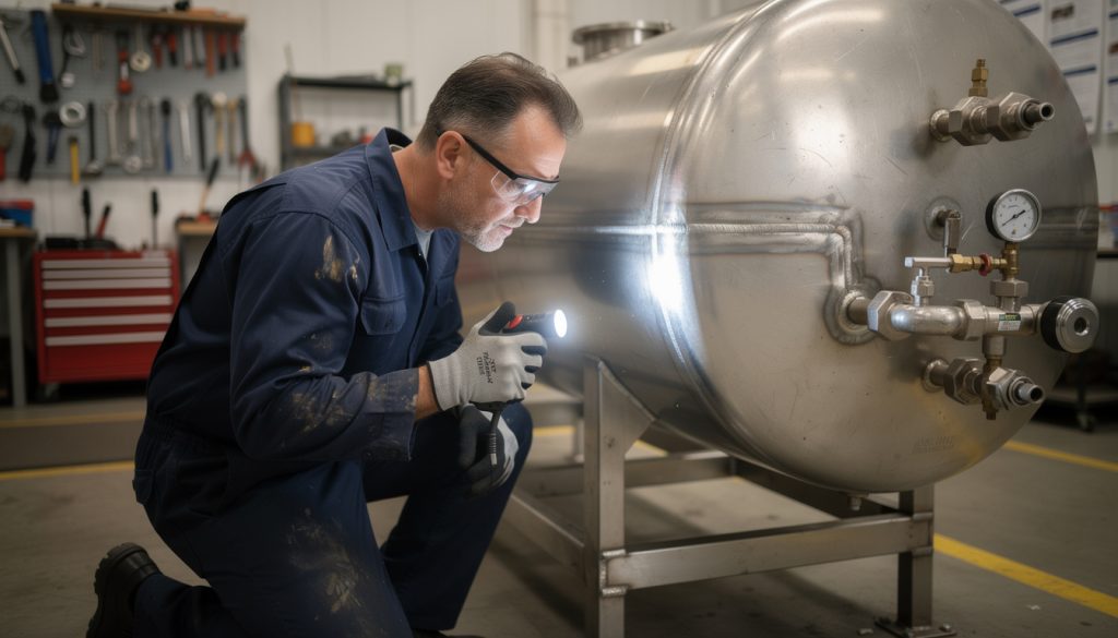 Technicien en combinaison bleue inspectant un réservoir de carburant à la lampe torche dans un atelier mécanique
