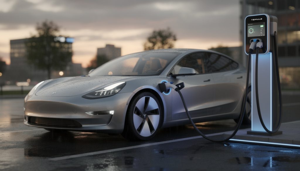 Voiture électrique branchée sur une borne de recharge dans un parking urbain sous la pluie