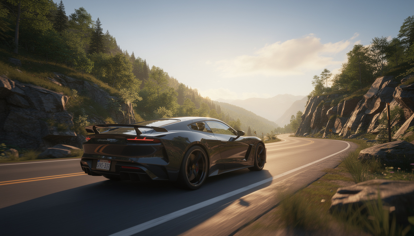 Voiture de sport noire sur une route sinueuse en montagne au coucher du soleil